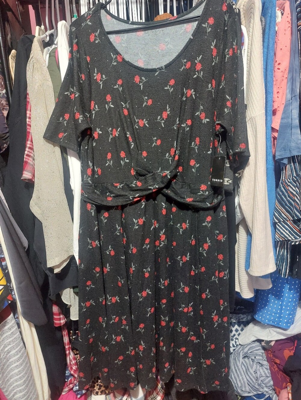 Torrid Black Floral Tie-Front Hacci Midi Dress 2X